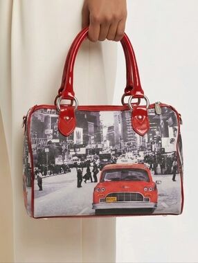 Bergé Italian Leather Red Accent Cityscape Barrel Boston Satchel Handbag